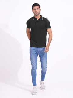 Black Plain Contrast Tipping Half Sleeves Polo T-Shirt (POLO-722)