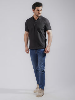 Black Textured Half Sleeves Popcorn Polo T-Shirt (POLO-724)