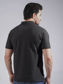 Black Textured Half Sleeves Popcorn Polo T-Shirt (POLO-724)