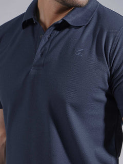 Navy Blue Textured Half Sleeves Popcorn Polo T-Shirt (POLO-729)