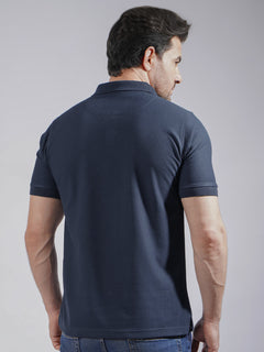 Navy Blue Textured Half Sleeves Popcorn Polo T-Shirt (POLO-729)