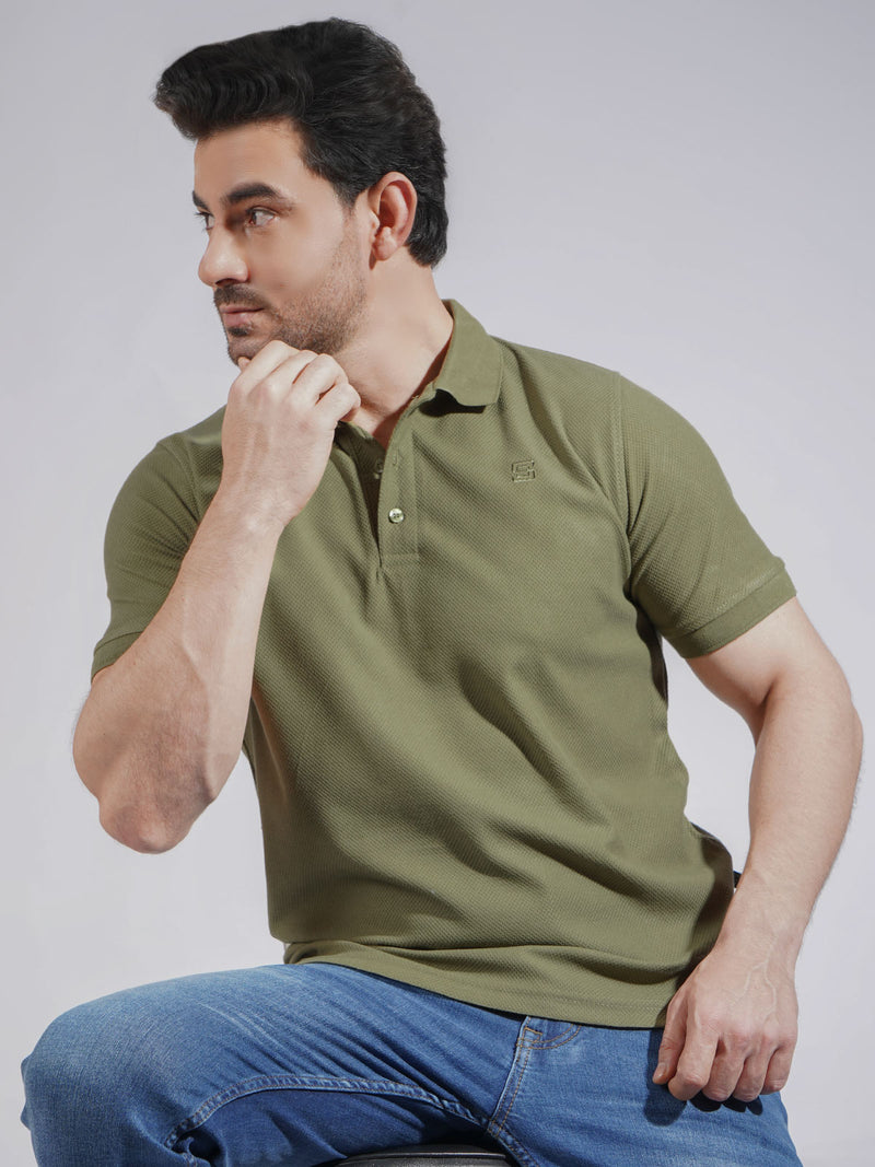 Olive Textured Half Sleeves Popcorn Polo T-Shirt (POLO-730)