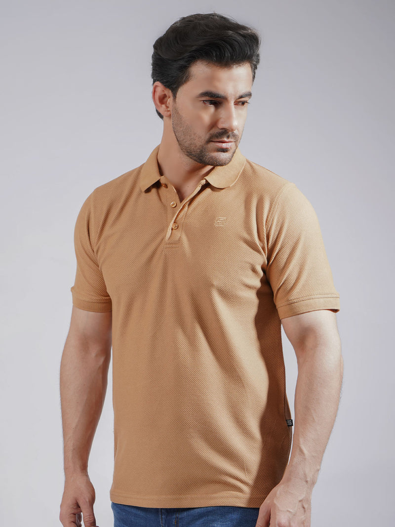 Khaki Textured Half Sleeves Popcorn Polo T-Shirt (POLO-731)