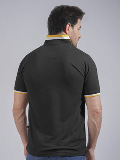 Black Plain Twin Contrast Lycra Elastane Half Sleeves Polo T-Shirt (POLO-734)