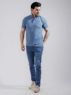 Classic Blue Plain Twin Contrast Lycra Elastane Half Sleeves Polo T-Shirt (POLO-735)