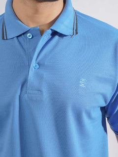 Blue Plain Contrast Tipping Half Sleeves Polo T-Shirt (POLO-750)