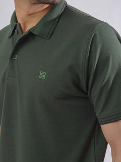 Dark Green Plain Contrast Tipping Half Sleeves Polo T-Shirt (POLO-751)