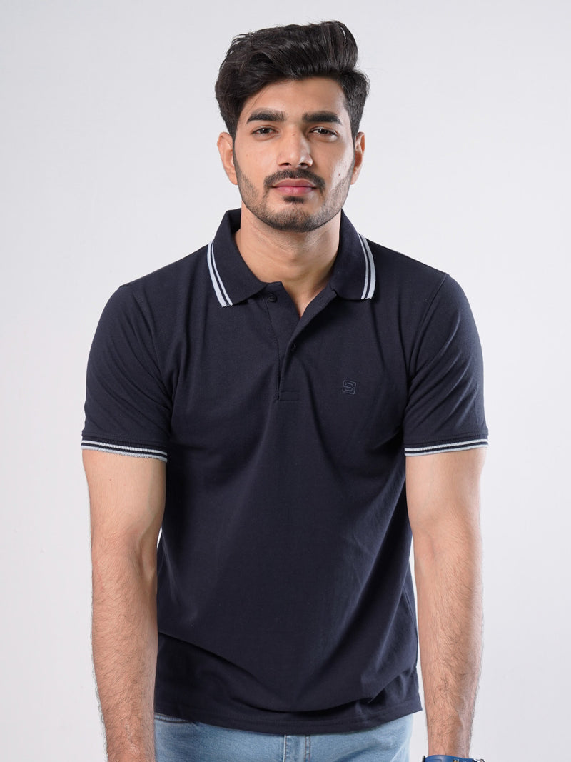 Navy Blue Plain Contrast Tipping Half Sleeves Polo T-Shirt (POLO-753)