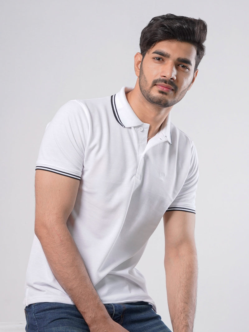 White Plain Contrast Tipping Half Sleeves Polo T-Shirt (POLO-754)