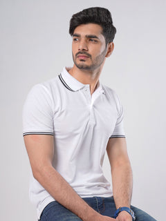 White Plain Contrast Tipping Half Sleeves Polo T-Shirt (POLO-754)