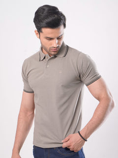 Beige Plain Contrast Tipping Half Sleeves Polo T-Shirt (POLO-756)
