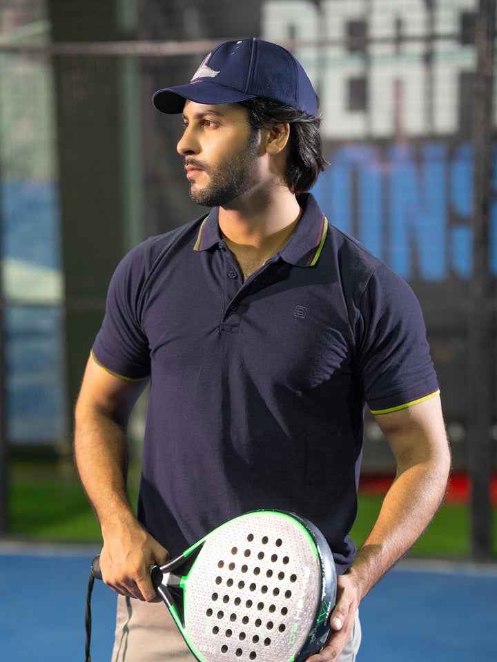 Navy Blue Plain Contrast Tipping Half Sleeves Polo T-Shirt (POLO-811)