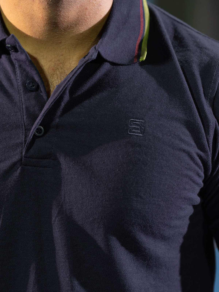 Navy Blue Plain Contrast Tipping Half Sleeves Polo T-Shirt (POLO-811)