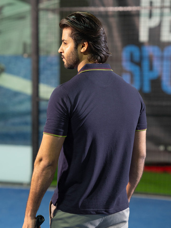 Navy Blue Plain Contrast Tipping Half Sleeves Polo T-Shirt (POLO-811)