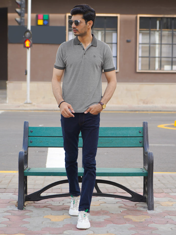 Grey Contrast Bird Eye Half Sleeves Polo T-Shirt (POLO-1019)