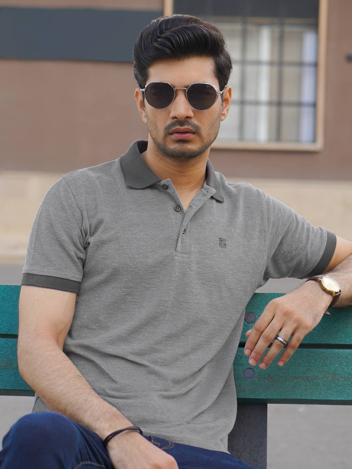 Grey Contrast Bird Eye Half Sleeves Polo T-Shirt (POLO-1019)