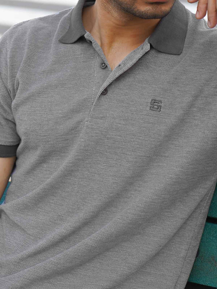 Grey Contrast Bird Eye Half Sleeves Polo T-Shirt (POLO-1019)