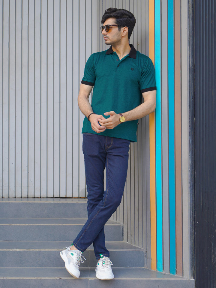 Dark Teal Contrast Bird Eye Half Sleeves Polo T-Shirt (POLO-1018)