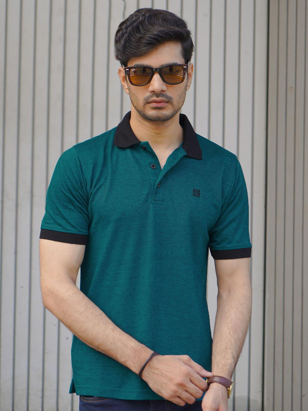 Dark Teal Contrast Bird Eye Half Sleeves Polo T-Shirt (POLO-1018)