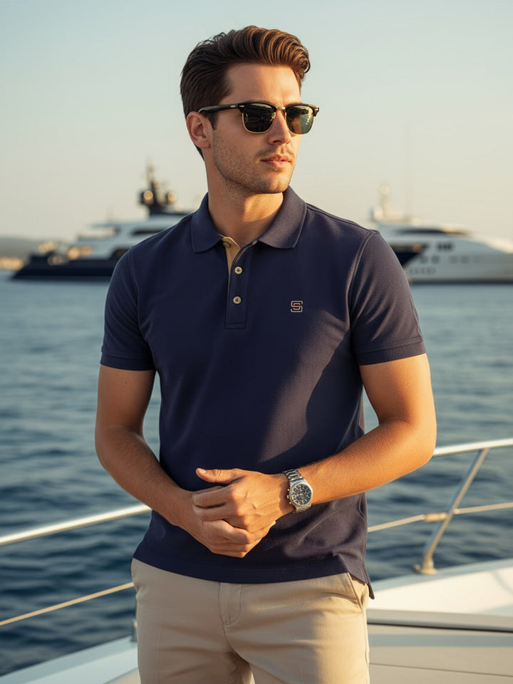 Navy Blue Half Sleeves Designer Polo T-Shirt (POLO-938)