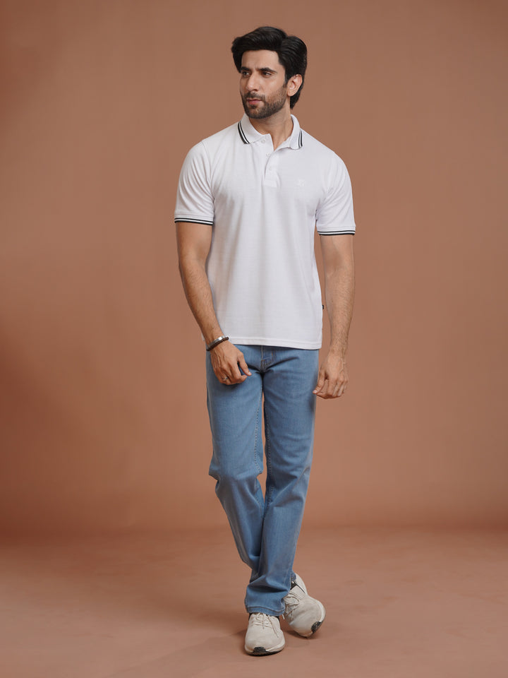White Plain Contrast Tipping Half Sleeves Polo T-Shirt (POLO-998)