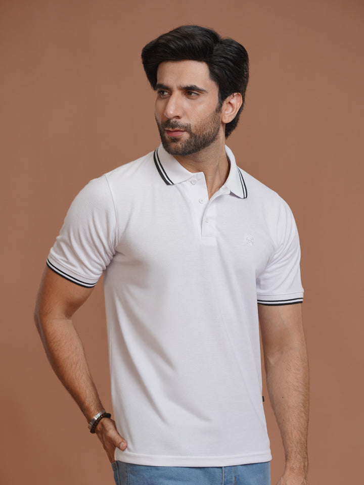 White Plain Contrast Tipping Half Sleeves Polo T-Shirt (POLO-998)