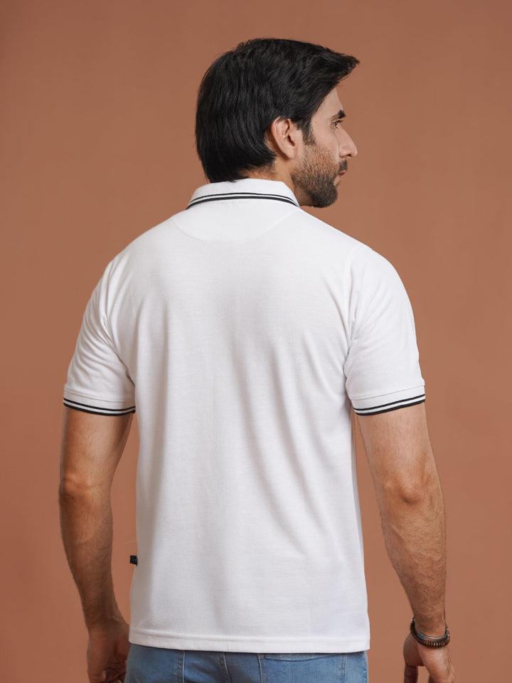 White Plain Contrast Tipping Half Sleeves Polo T-Shirt (POLO-998)