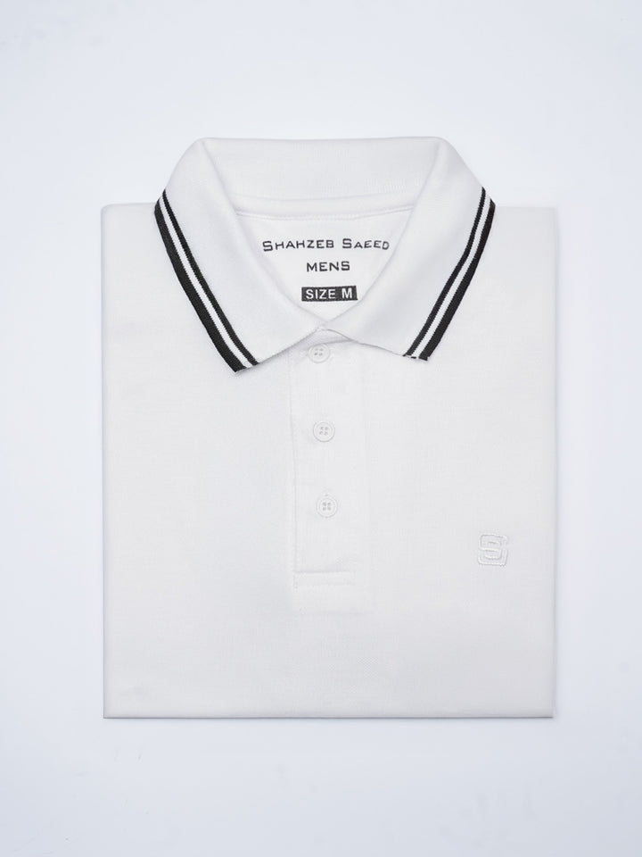White Plain Contrast Tipping Half Sleeves Polo T-Shirt (POLO-998)