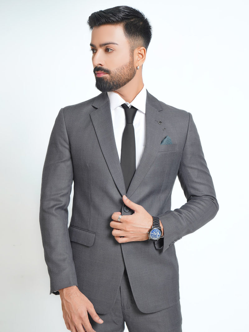 Charcoal Grey Self Checkered Tailored Fit Two Piece Suit (SF-010)