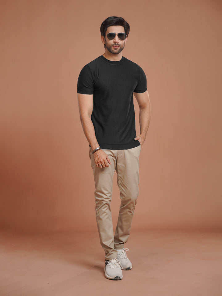 Black Premium Knitted Crew Neck T-Shirt (SKCN-030)