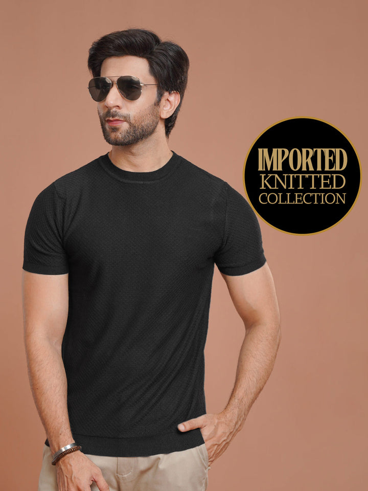 Black Premium Knitted Crew Neck T-Shirt (SKCN-030)