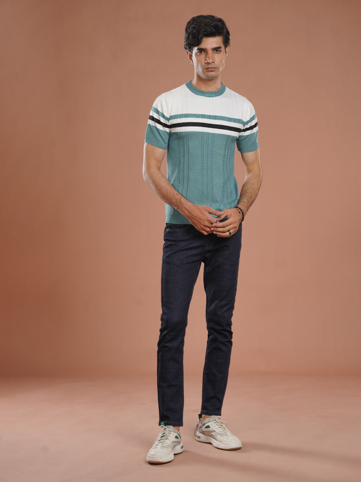 Teal & White Premium Knitted Crew Neck T-Shirt (SKCN-038)