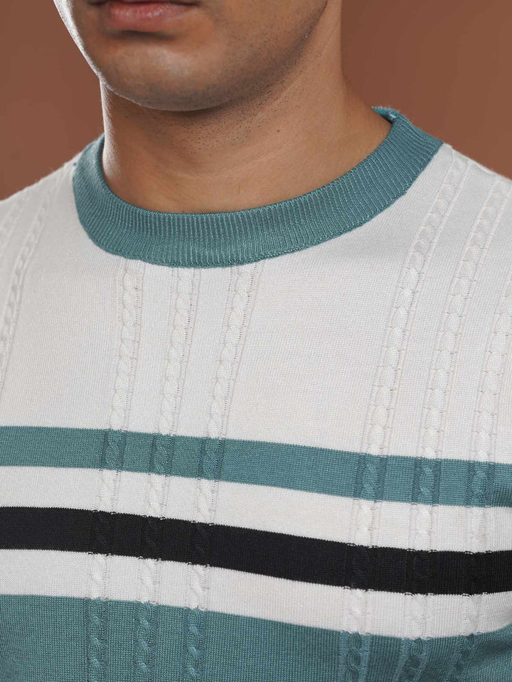 Teal & White Premium Knitted Crew Neck T-Shirt (SKCN-038)