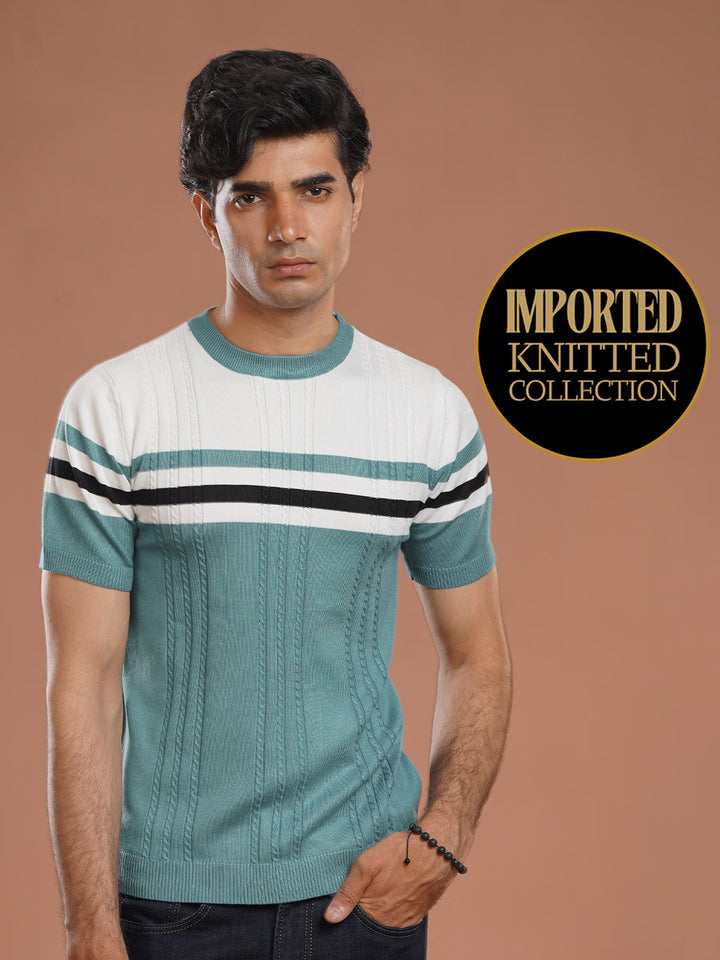Teal & White Premium Knitted Crew Neck T-Shirt (SKCN-038)