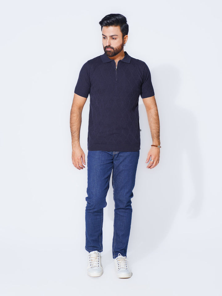 Navy Blue Half Sleeves Premium Knitted Sweater Polo (SKZP-005)