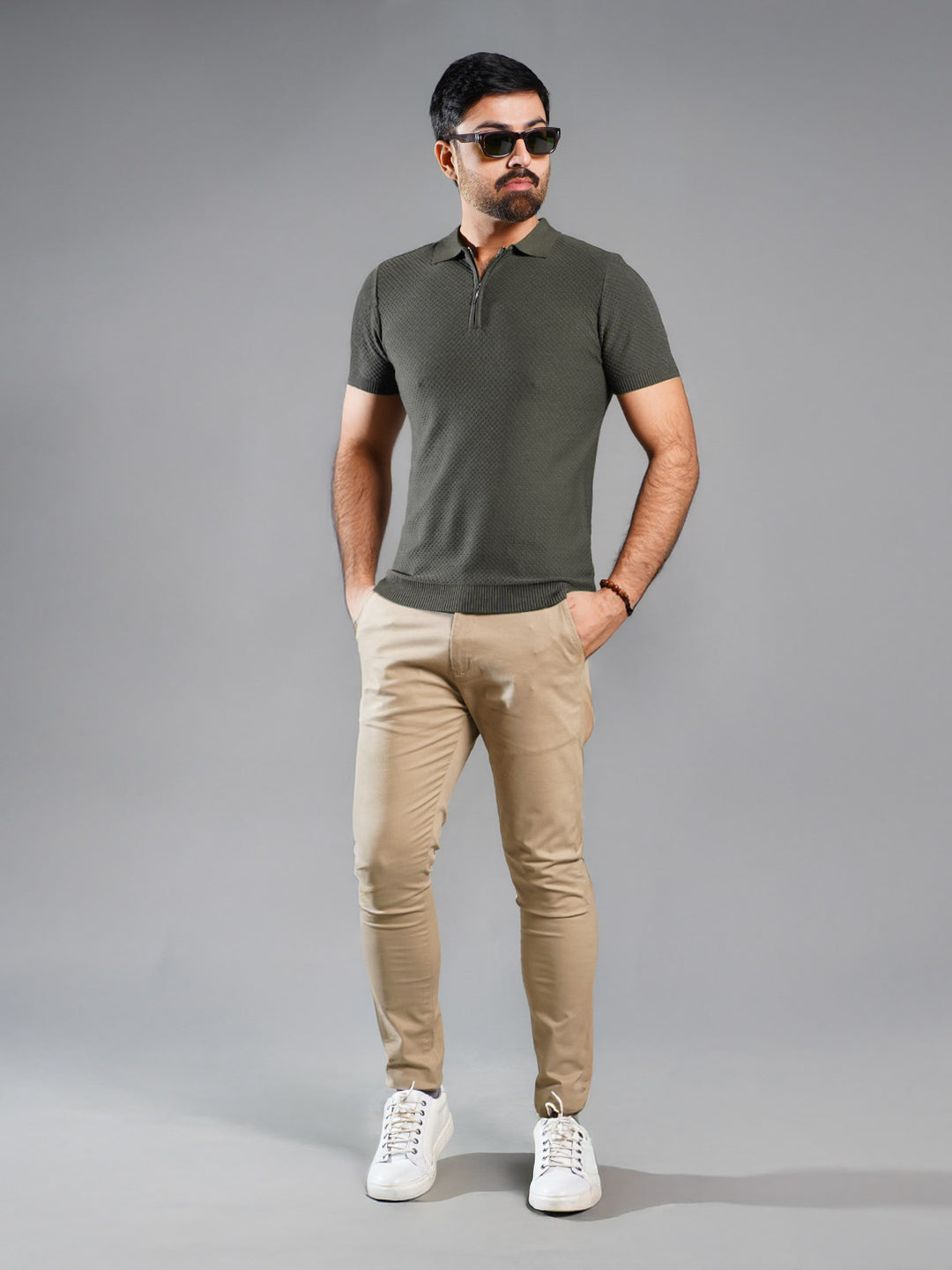 Olive Green Sweater Knitted Zipper Polo (SKZP-011)