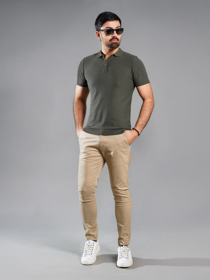 Olive Green Sweater Knitted Zipper Polo (SKZP-011)