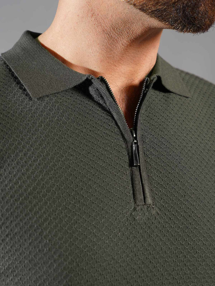 Olive Green Sweater Knitted Zipper Polo (SKZP-011)