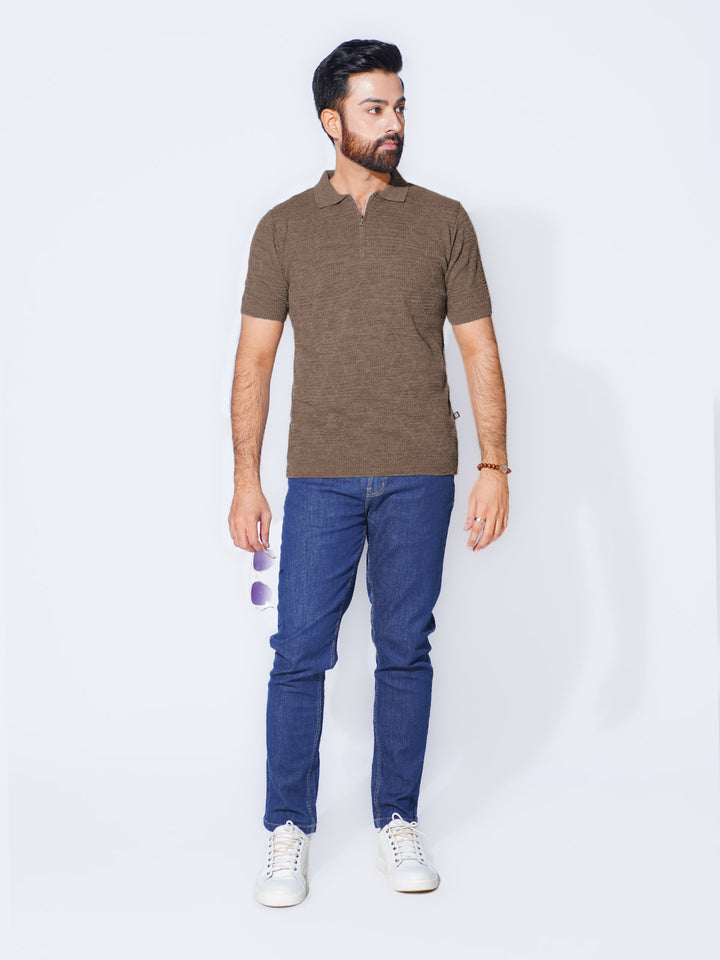 Brown Sweater Knitted Zipper Polo (SKZP-016)