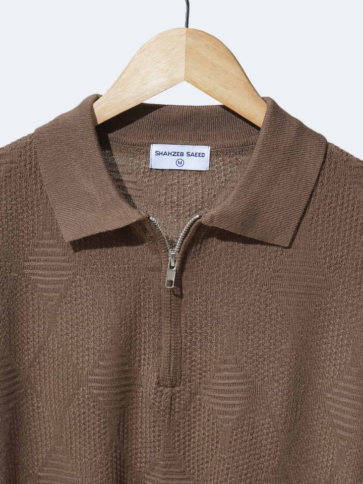 Brown Sweater Knitted Zipper Polo (SKZP-016)