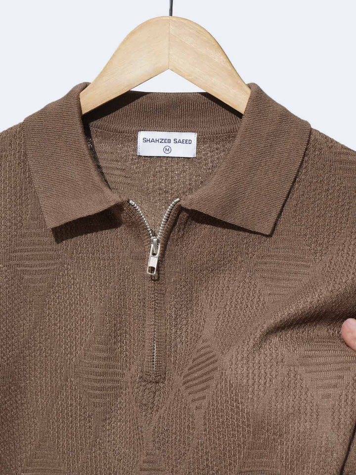 Brown Sweater Knitted Zipper Polo (SKZP-016)