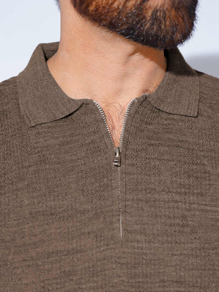 Brown Sweater Knitted Zipper Polo (SKZP-016)