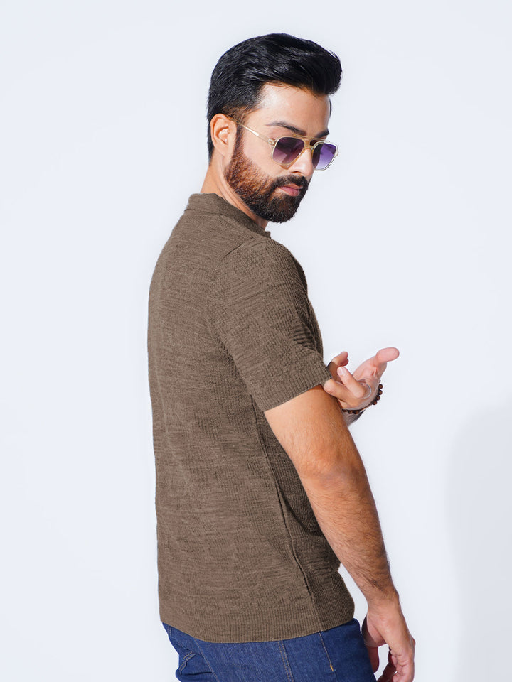 Brown Sweater Knitted Zipper Polo (SKZP-016)