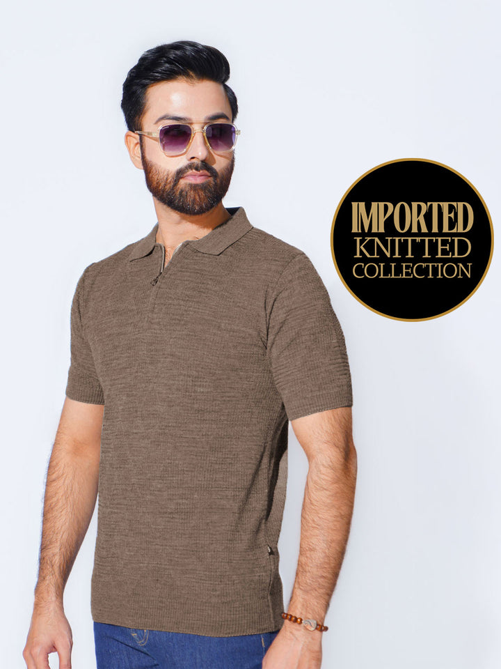 Brown Sweater Knitted Zipper Polo (SKZP-016)