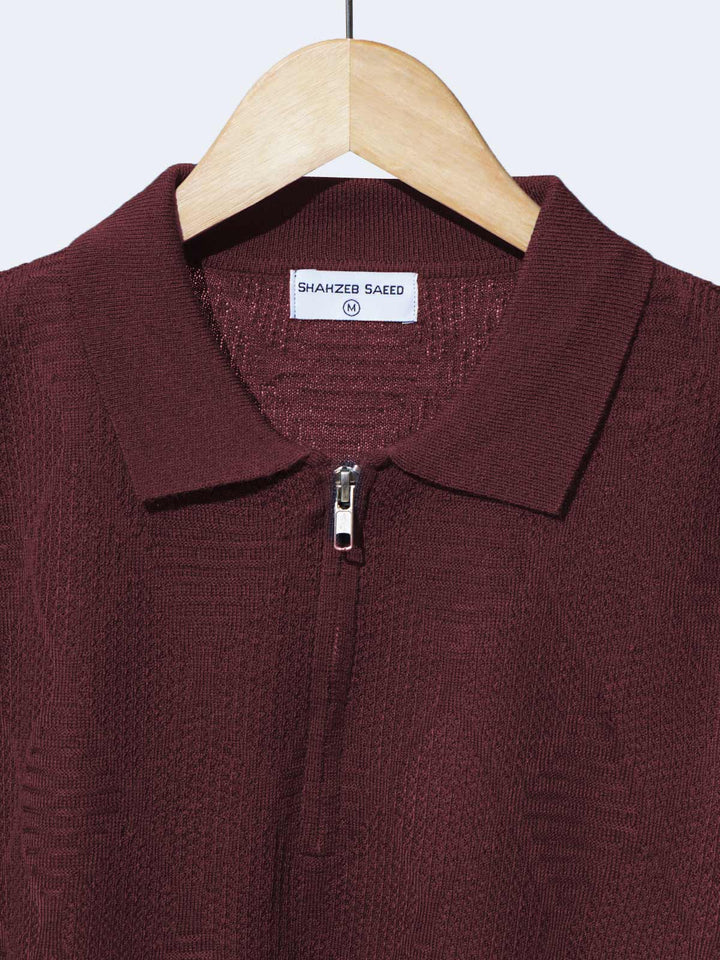 Burgundy Sweater Knitted Zipper Polo (SKZP-019)