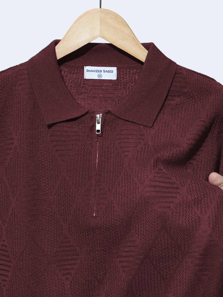 Burgundy Sweater Knitted Zipper Polo (SKZP-019)