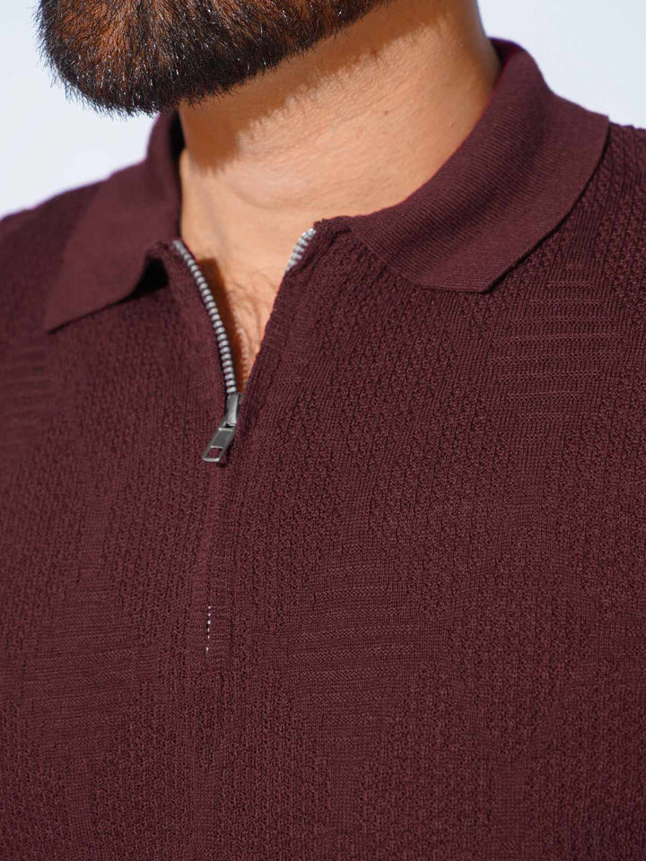 Burgundy Sweater Knitted Zipper Polo (SKZP-019)