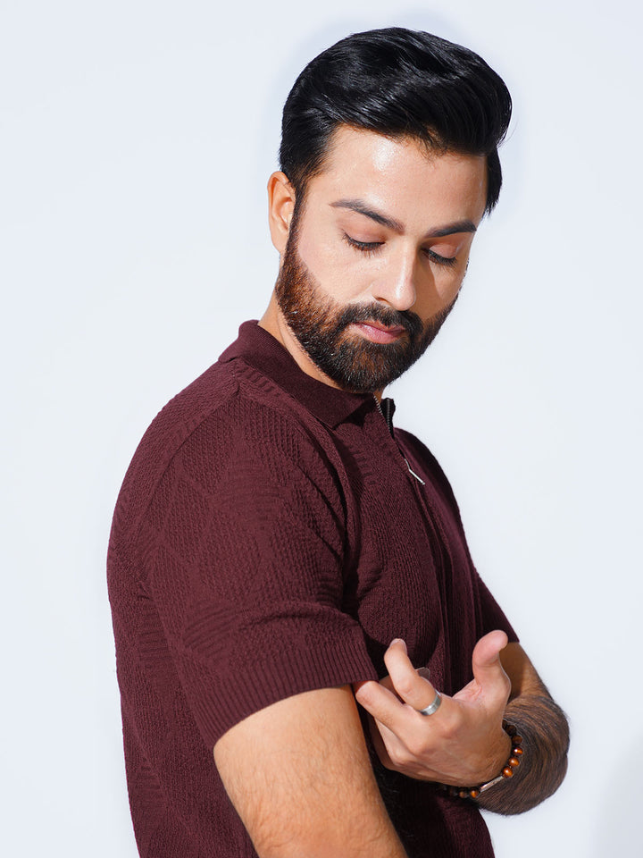 Burgundy Sweater Knitted Zipper Polo (SKZP-019)
