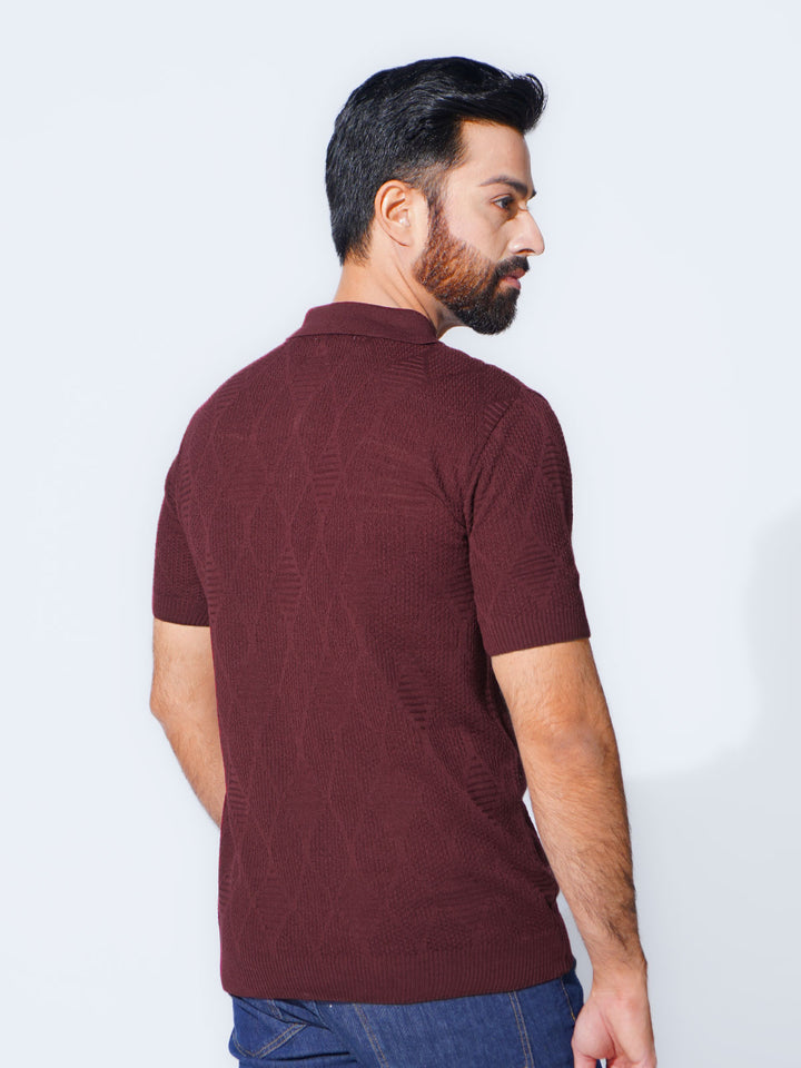 Burgundy Sweater Knitted Zipper Polo (SKZP-019)