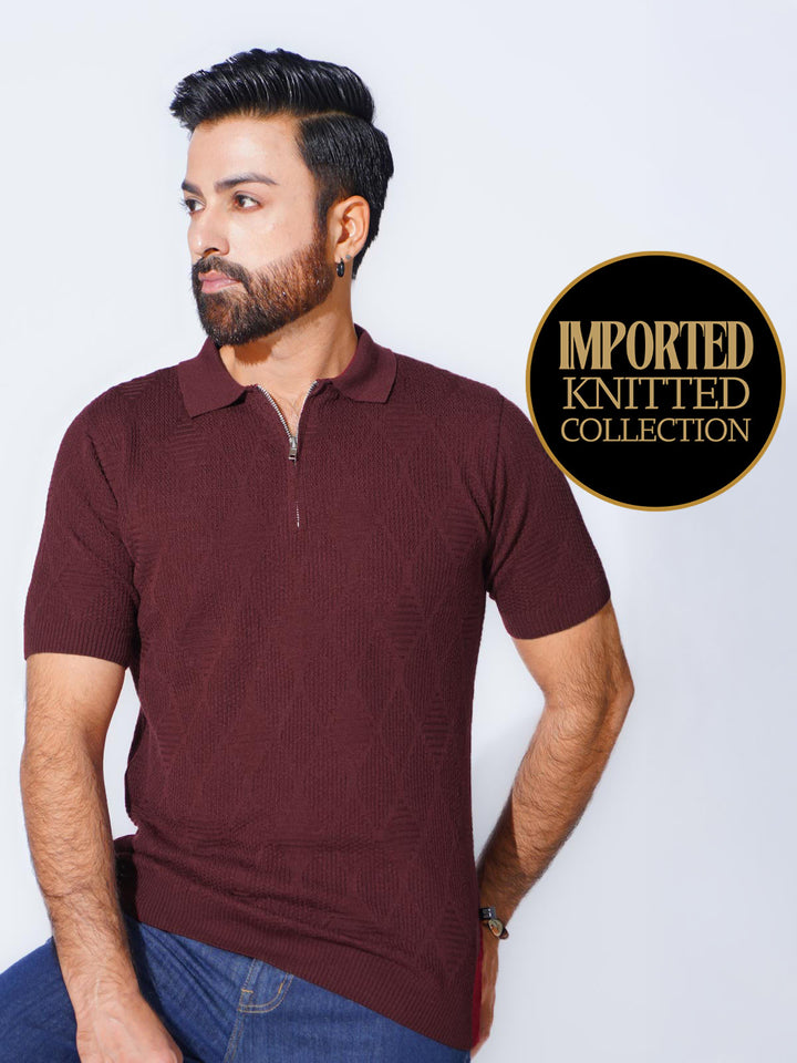 Burgundy Sweater Knitted Zipper Polo (SKZP-019)